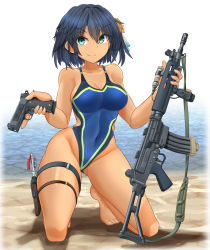 Rule 34 | 1girl, absurdres, assault rifle, battle rifle, beach, black hair, blue one-piece swimsuit, breasts, competition swimsuit, covered navel, fn fal, green eyes, grenade launcher, gun, handgun, highleg, highleg swimsuit, highres, holding, holding gun, holding weapon, holster, knife, large breasts, magazine (weapon), mikeran (mikelan), multicolored clothes, multicolored swimsuit, ocean, one-piece swimsuit, original, rifle, scope, short hair, smile, solo, swimsuit, thigh holster, thigh strap, underbarrel grenade launcher, weapon, yellow one-piece swimsuit