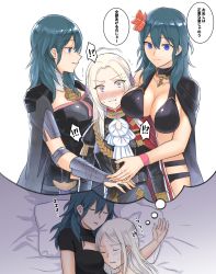 Rule 34 | !?, 2girls, alternate costume, bikini, black bikini, black one-piece swimsuit, blonde hair, blue eyes, blue hair, blush, breasts, byleth (female) (fire emblem), byleth (female) (summer) (fire emblem), byleth (fire emblem), closed eyes, closed mouth, commentary request, edelgard von hresvelg, fire emblem, fire emblem: three houses, fukuroumori, highres, large breasts, lying, multiple girls, nintendo, official alternate costume, on back, one-piece swimsuit, pillow, purple eyes, sleeping, swimsuit, thought bubble, translation request, yuri, zzz
