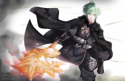 Rule 34 | 1boy, absurdres, armor, axe, aymr (fire emblem), byleth (fire emblem), byleth (male) (fire emblem), cape, dagger, epaulettes, fire emblem, fire emblem: three houses, green hair, grey background, heroes relic (fire emblem), highres, holding, holding axe, holding weapon, knife, looking at viewer, mirai kurepu, nintendo, sheath, sheathed, short hair, simple background, solo, weapon
