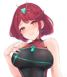 Rule 34 | 1girl, bare shoulders, black one-piece swimsuit, blush, breasts, closed mouth, collarbone, commentary, competition swimsuit, earrings, english commentary, gem, hand on own chest, head tilt, impossible clothes, impossible swimsuit, jewelry, large breasts, leonmandala, looking at viewer, nintendo, one-piece swimsuit, pyra (pro swimmer) (xenoblade), pyra (xenoblade), red eyes, red hair, short hair, simple background, smile, solo, swept bangs, swimsuit, tiara, upper body, white background, xenoblade chronicles (series), xenoblade chronicles 2