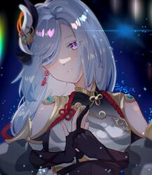 Rule 34 | 1girl, absurdres, china dress, chinese clothes, detached sleeves, dress, earrings, fingerless gloves, genshin impact, gloves, hair ornament, highres, jewelry, light blush, luobotou cuncun zhang, night, night sky, purple eyes, shenhe (genshin impact), signature, sky, solo, white hair