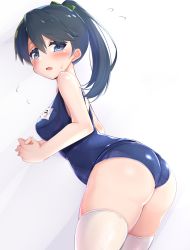 Rule 34 | 1girl, absurdres, alternate costume, ass, blue eyes, blue hair, blue one-piece swimsuit, blush, from side, green ribbon, hair ribbon, highres, houshou (kancolle), kantai collection, kurokoshou (emuburemu123), long hair, name tag, one-piece swimsuit, ponytail, ribbon, school swimsuit, solo, sweatdrop, swimsuit, thighhighs, white thighhighs