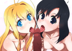 Rule 34 | 10s, 2girls, ahoge, black hair, blonde hair, blue eyes, blush, breasts, censored, cum, disembodied penis, dragon crisis!, etou misaki, fang, fellatio, flat chest, jewelry, licking, cooperative fellatio, multiple girls, necklace, nipples, nude, oral, penis, rkrk, rose (dragon crisis!), teamwork, tongue, tongue out
