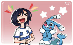 Rule 34 | &gt; &lt;, 1boy, :d, black hair, blush, border, brionne, creatures (company), dated, elio (pokemon), game freak, gen 7 pokemon, gradient background, hands on own stomach, highres, laughing, male focus, mikesi quan, nintendo, open mouth, pokemon, pokemon (creature), pokemon sm, red background, red eyes, shirt, smile, star (symbol), striped clothes, striped shirt, tongue, tongue out, ultra beast, upper body, white border, xd