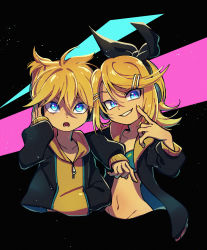 Rule 34 | 1boy, 1girl, aqua bra, aqua eyes, blonde hair, blue eyes, bow, bra, brother and sister, collarbone, elbow on another&#039;s shoulder, elbow rest, finger to cheek, grin, hair bow, hair ornament, hairclip, hand in pocket, headphones, highres, hood, hoodie, kagamine len, kagamine rin, looking at viewer, midriff, navel, open clothes, open mouth, pink pupils, short hair, siblings, smile, tan, twins, two-tone hoodie, ukata, underwear, urban, urban style, vocaloid, yellow hoodie