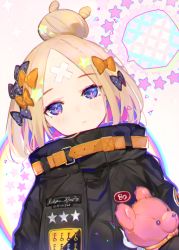 Rule 34 | 1girl, abigail williams (fate), abigail williams (traveling outfit) (fate), alternate hairstyle, atsumi jun, bandaid, bandaid on face, bandaid on forehead, belt, black bow, black jacket, blonde hair, blue eyes, blush, bow, fate/grand order, fate (series), forehead, hair bow, hair bun, heroic spirit traveling outfit, high collar, holding, holding stuffed toy, jacket, long hair, looking at viewer, official alternate costume, orange bow, parted bangs, parted lips, polka dot, polka dot bow, single hair bun, sleeves past fingers, sleeves past wrists, solo, speech bubble, star (symbol), stuffed animal, stuffed toy, teddy bear