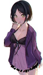 Rule 34 | 10s, 1girl, anti (0324), babydoll, backlighting, black hair, blush, breasts, cardigan, chromatic aberration, cleavage, collarbone, finger to mouth, green eyes, hand up, hayami kanade, highres, idolmaster, idolmaster cinderella girls, medium breasts, open cardigan, open clothes, parted lips, pinky to mouth, short hair, simple background, sketch, solo, white background