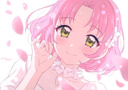 Rule 34 | 1girl, absurdres, aikatsu!, aikatsu! (series), cherry blossoms, closed mouth, dated, dress, dutch angle, english text, flower, green eyes, hair flower, hair ornament, hand up, highres, kitaoji sakura, looking at viewer, petals, pink hair, puffy short sleeves, puffy sleeves, sekina, short sleeves, smile, solo, upper body, white background, white dress, white flower
