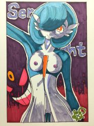 Rule 34 | 1girl, absurdres, alternate color, arm up, armpits, blank eyes, blood, bloody tears, blue hair, blue skin, border, breasts, character name, closed mouth, colored skin, cowboy shot, creatures (company), expressionless, female focus, game freak, gardevoir, gen 1 pokemon, gen 3 pokemon, gengar, gluteal fold, hair over one eye, highres, mega gengar, mega pokemon, multicolored skin, navel, nintendo, nipples, no pussy, orange eyes, outline, pokemon, pokemon (creature), purple background, red eyes, romaji text, shiny pokemon, short hair, small breasts, smile, solo focus, standing, teeth, traditional media, two-tone skin, white border, white outline, white skin, yuumikuchi