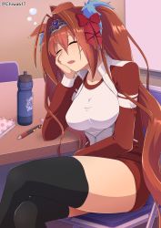 Rule 34 | 1girl, animal ears, arm support, black thighhighs, bottle, bow, breasts, brown hair, buruma, chair, chiwa (chiwa0617), closed eyes, commentary request, crossed legs, daiwa scarlet (umamusume), drooling, fang, folding chair, gym uniform, hair between eyes, hair bow, hair intakes, highres, horse ears, indoors, jacket, large breasts, long hair, on chair, open clothes, open jacket, open mouth, pencil, red bow, red buruma, red jacket, saliva, shirt, sitting, solo, thighhighs, tiara, track jacket, twintails, twitter username, umamusume, very long hair, water bottle, white shirt