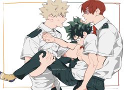 Rule 34 | 3boys, artist name, bakugou katsuki, blonde hair, blue eyes, boku no hero academia, burn scar, carrying, closed mouth, collared shirt, commentary, commentary request, english commentary, eye contact, freckles, green eyes, green hair, green pants, hand on another&#039;s chest, hand on another&#039;s head, hand on another&#039;s leg, looking at another, male focus, mantos no.7, midoriya izuku, mixed-language commentary, multiple boys, necktie, open mouth, pants, red eyes, red hair, red necktie, scar, scar across eye, scar on face, school uniform, shirt, shirt grab, shirt tucked in, short hair, short sleeves, simple background, socks, spiked hair, standing, sweat, thai commentary, todoroki shouto, u.a. school uniform, watermark, white background, white shirt, yellow legwear