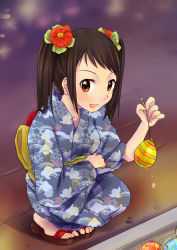 Rule 34 | 1girl, alternate hairstyle, artist request, black hair, brown eyes, feet, female focus, fingernails, flower, flower on head, flower ornament, hair ornament, happy, highres, holding, idolmaster, idolmaster cinderella girls, japanese clothes, kimono, long hair, long image, looking at viewer, nakano yuka, namco, night, open mouth, outdoors, sandals, squatting, tall image, tanabata, toenails, toes, twintails, water drop, water yoyo, yukata