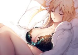 Rule 34 | 1girl, aqua bow, bed sheet, black bra, blonde hair, bow, bow bra, bra, breasts, cleavage, closed eyes, eyelashes, facing viewer, genderswap, genderswap (mtf), hand on own stomach, izumi kouhei, knees up, lace, lace-trimmed bra, lace trim, large breasts, long hair, long sleeves, lying, on back, on bed, open clothes, pajamas, parted lips, pepper fever, pillow, shade, sleeping, solo, underwear, world trigger