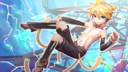 Rule 34 | 1boy, aroeruji3, bass clef, belt, black shorts, black sleeves, blonde hair, blue eyes, collar, commentary, detached sleeves, electricity, full body, grin, hand up, headphones, highres, kagamine len, kagamine len (append), knees up, leg warmers, looking at viewer, male focus, outstretched arm, power lines, see-through silhouette, shirt, shorts, sleeveless, sleeveless shirt, smile, speaker, transmission tower, vocaloid, vocaloid append, white footwear, white shirt
