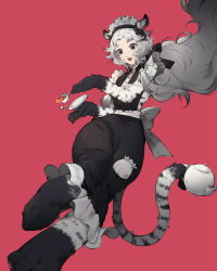 Rule 34 | 1girl, :3, :d, animal ears, animal feet, animal hands, back bow, barefoot, black dress, body fur, bow, breasts, commentary, cup, curled horns, digitigrade, dmuyaa, dress, feet out of frame, fewer digits, floating hair, grey eyes, grey hair, hair tubes, hairband, hands up, holding, holding teapot, holding with tail, horns, lipstick, long hair, looking away, looking down, maid headdress, makeup, monster girl, open mouth, original, pencil dress, pocket, prehensile tail, red background, sash, saucer, sidelocks, simple background, sleeveless, sleeveless dress, smile, solo, spilling, sugar cube, tail, tea, teacup, teapot, tiger ears, tiger girl, tiger tail, very long hair
