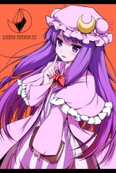 Rule 34 | 1girl, blush, book, capelet, crescent, dress, emblem, finger to mouth, hat, latin text, long hair, open mouth, patchouli knowledge, purple eyes, purple hair, ribbon, solo, tokugawa landine, touhou