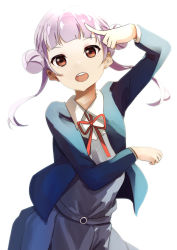 Rule 34 | 1girl, arashi chisato, artist name, artist request, belt, blue cardigan, blue jacket, blush, bow, bowtie, breasts, buttons, cardigan, collared shirt, cropped jacket, double bun, dress, dress shirt, female focus, floating hair, grey belt, grey shirt, grey skirt, hair bun, hair tie, highres, jacket, long hair, long sleeves, looking at viewer, love live!, love live! superstar!!, miniskirt, neck ribbon, o-ring, o-ring belt, parted lips, plaid, plaid skirt, pleated, pleated skirt, red bow, red eyes, red ribbon, ribbon, school uniform, shirt, skirt, small breasts, smile, solo, twintails, wavy hair, white background, white hair, white shirt, wing collar, yuigaoka school uniform