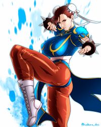 Rule 34 | 1girl, absurdres, blue background, boots, bracelet, breasts, brown eyes, brown hair, brown pantyhose, bun cover, capcom, china dress, chinese clothes, chun-li, double bun, dress, earrings, fighting stance, gradient background, hair bun, highres, jewelry, large breasts, lips, pantyhose, pelvic curtain, saburo des, sash, short hair, solo, spiked bracelet, spikes, street fighter, street fighter ii (series), twitter username