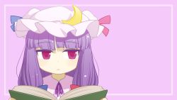 Rule 34 | 1girl, :&lt;, blush, book, bow, crescent, female focus, hair bow, hat, highres, long hair, patchouli knowledge, pink eyes, purple hair, solo, touhou, ume (noraneko)