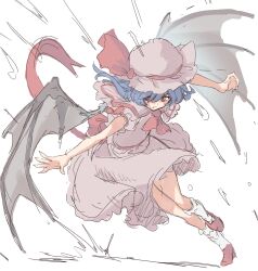 Rule 34 | 1girl, bat wings, bifidus (exkagerou8665), blue hair, dress, hat, remilia scarlet, running, solo, touhou, white background, wings
