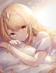 Rule 34 | 1girl, alternate costume, bare shoulders, blonde hair, blush, bracelet, closed mouth, collarbone, commentary request, earrings, highres, jewelry, long hair, looking at viewer, mythra (xenoblade), off shoulder, on bed, pillow, ribbed sweater, sleeveless, sleeveless sweater, sunlight, sweater, tiara, ui frara, very long hair, white sweater, xenoblade chronicles (series), xenoblade chronicles 2, yellow eyes