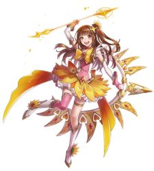 Rule 34 | 1girl, arrow (projectile), blush, boots, bow, bow (weapon), bowtie, brown hair, dress, eitaso, full body, gloves, hair ornament, idol, long hair, magical girl, official art, open mouth, orange eyes, phantom of the kill, side ponytail, simple background, solo, star-shaped pupils, star (symbol), symbol-shaped pupils, teeth, thighhighs, weapon, white background