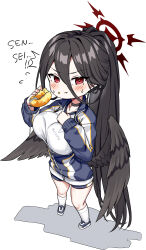 Rule 34 | 1girl, ^^^, absurdres, angel wings, black choker, black footwear, black hair, black wings, blue archive, blush, breasts, choker, closed mouth, eating, feathered wings, flying sweatdrops, food, food on face, full body, gym shirt, gym uniform, hair between eyes, halo, hasumi (blue archive), hasumi (track) (blue archive), highres, holding, holding food, jacket, large breasts, long hair, long hair between eyes, long sleeves, looking at viewer, mole, mole under eye, neropaso, official alternate costume, official alternate hairstyle, ponytail, red eyes, red halo, shirt, shoes, simple background, socks, solo, track jacket, very long hair, white background, white shirt, white socks, wings