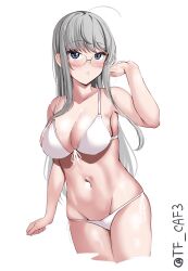 Rule 34 | 1girl, ahoge, bikini, blue eyes, breasts, cleavage, cowboy shot, glasses, grey hair, heywood l. edwards (kancolle), highres, kantai collection, large breasts, long hair, looking at viewer, navel, solo, swimsuit, tf cafe, twitter username, white background, white bikini