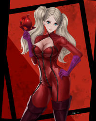 Rule 34 | 1girl, blue eyes, bodysuit, boots, breasts, brown footwear, cleavage, closed mouth, contrapposto, floating hair, gloves, hand on own hip, highres, holding, holding mask, large breasts, long hair, looking at viewer, mask, parted bangs, persona, persona 5, purple gloves, red background, red bodysuit, senz, signature, silver hair, smile, solo, standing, takamaki anne, thigh boots, thighhighs, twintails, very long hair, zipper