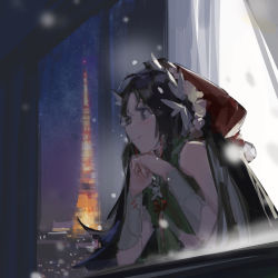 Rule 34 | 1girl, absurdres, black eyes, black hair, chinese commentary, closed mouth, commentary request, curtains, green shirt, hat, highres, long hair, original, red hat, santa hat, shirt, sleeveless, sleeveless shirt, smile, snowing, solo, tokyo tower, upper body, window, wrist guards, zygocactus