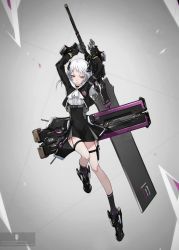 Rule 34 | 1girl, black skirt, choker, covered navel, cropped jacket, expressionless, full body, gloves, grey gloves, heavily armed high school girls, high-waist skirt, highres, holding, holding sword, holding weapon, holster, knee up, legs, long sleeves, looking at viewer, neco, original, purple eyes, sailor collar, science fiction, sheath, skirt, solo, standing, standing on one leg, sword, thigh holster, thighs, weapon, white hair, zwei (heavily armed high school girls)