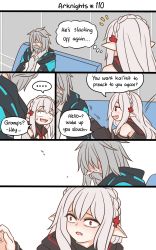 Rule 34 | 1boy, 1girl, arknights, beard, braid, commentary, cross hair ornament, crown braid, detached sleeves, doctor (arknights), english text, closed eyes, facial hair, fang, fangs, grey hair, guin guin, hair ornament, hare hare yukai, highres, jacket, long hair, mustache, open mouth, pointy ears, red eyes, smile, warfarin (arknights)