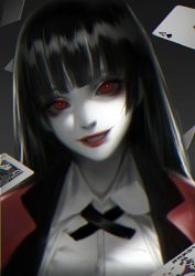 Rule 34 | 1girl, ace (playing card), ace of spades, blouse, blunt bangs, card, collared shirt, grey background, highres, jabami yumeko, jack (playing card), jack of hearts, joker (playing card), kakegurui, playing card, portrait, red eyes, shirt, solo, spade (shape), tagme, white shirt