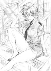 Rule 34 | 1girl, bad id, bad twitter id, breasts, female focus, greyscale, hat, highres, katou keiko, monochrome, panties, police, police uniform, sitting, skirt, solo, strike witches, ulrich (tagaragakuin), underwear, uniform, witches of africa, world witches series