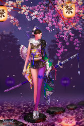 Rule 34 | 1girl, anima, earrings, fishnet legwear, fishnets, flower, full body, highres, holding, holding weapon, japanese clothes, jewelry, katana, kimono, long sleeves, looking to the side, outdoors, ring, sash, shoulder pads, sky, solo, standing, sword, thigh gap, weapon, wen-m, wide sleeves
