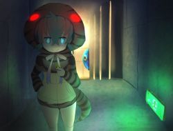 Rule 34 | 10s, 1girl, ancolatte (onikuanco), backlighting, cellien (kemono friends), coin, commentary request, crossed bangs, dark, glowing, glowing eyes, hair between eyes, half-closed eyes, hoodie, japari coin, kemono friends, smile, snake tail, solo, striped clothes, striped hoodie, striped tail, tail, tsuchinoko (kemono friends)