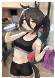 Rule 34 | 1girl, absurdres, ahoge, alternate costume, alternate hairstyle, animal ears, black bra, black shorts, blurry, blurry background, blush, border, bottle, bra, breasts, cloth, earrings, hair between eyes, highres, holding, holding bottle, holding cloth, horse ears, horse girl, horse tail, jewelry, long hair, looking at viewer, manhattan cafe (umamusume), medium breasts, outside border, parted lips, ponytail, rottenpizza, shorts, single earring, solo, sports bra, sportswear, sweat, tail, twitter username, umamusume, underwear, very long hair, water bottle, white border, white hair, yellow eyes