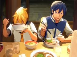 Rule 34 | 2boys, :d, blonde hair, blue eyes, blue hair, blue nails, blue theme, bowl, chopsticks, cup, drinking glass, eating, egg, fingernails, food, hair between eyes, indoors, kagamine len, kaito (vocaloid), male focus, multiple boys, nail polish, nokuhashi, noodles, open mouth, ponytail, ramen, seaweed, smile, spoon, table, upper body, vocaloid, water, yellow nails, yellow theme