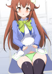 Rule 34 | 1girl, amamiya mimori, black thighhighs, blue jacket, blush, bow, brown eyes, brown hair, chair, clothes lift, commentary request, dress, dress lift, folding chair, green bow, green panties, groin, highres, jacket, lifted by self, long hair, long sleeves, looking at viewer, momio, on chair, open clothes, open jacket, panties, parted lips, shadowverse (anime), sitting, solo, sweat, table, thighhighs, underwear, very long hair, white dress