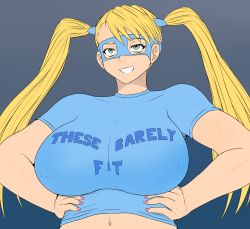 Rule 34 | 1girl, blonde hair, breasts, grin, hands on own hips, huge breasts, mask, rainbow mika, shirt, smile, solo, street fighter, twintails, upper body, wrestling mask