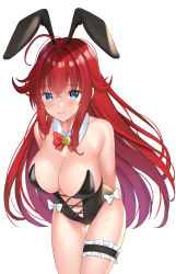 Rule 34 | 1girl, ahoge, alternate costume, animal ears, arms behind back, bell, blackheartxiii, blue eyes, blush, bow, bowtie, breasts, cleavage, collar, cowboy shot, detached collar, fake animal ears, floating hair, gluteal fold, hair between eyes, hair flaps, high school dxd, highres, large breasts, leaning forward, leotard, long hair, looking at viewer, midriff, navel, neck bell, playboy bunny, rabbit ears, red bow, red bowtie, red hair, rias gremory, simple background, smile, solo, straight hair, sweat, thigh gap, thigh strap, thighs, white background