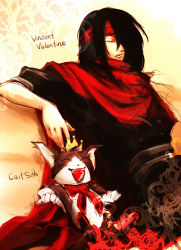 Rule 34 | 1990s (style), :d, ^ ^, black hair, cait sith (ff7), character name, closed eyes, couch, closed eyes, final fantasy, final fantasy vii, headband, highres, open mouth, sitting, smile, tomozo s, vincent valentine