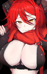 Rule 34 | 1girl, breasts, chaps, cleavage, crop top, cropped jacket, goddess of victory: nikke, hair between eyes, headgear, highres, holding, holding weapon, horns, jacket, large breasts, leather, leather jacket, light blush, long hair, mechanical horns, orange eyes, red hair, red hood (nikke), red scarf, sak1 01, scarf, solo, unzipped, very long hair, weapon, zipper