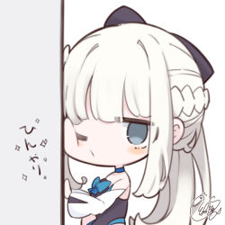 Rule 34 | 1girl, bare shoulders, beni shake, black bow, black leotard, blue bow, blue choker, blush, bow, braid, cheek press, chibi, choker, commentary request, detached sleeves, fate/grand order, fate (series), grey eyes, hair bow, leotard, long hair, long sleeves, looking at viewer, morgan le fay (fate), one eye closed, ponytail, signature, solo, sparkle, translation request, upper body, very long hair, white background, white hair, white sleeves, wide sleeves