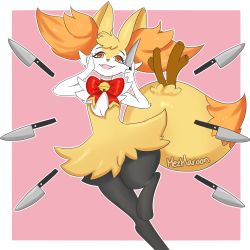 Rule 34 | 1girl, animal ear fluff, animal ears, animal hands, artist name, bell, border, bow, bowtie, braixen, creatures (company), fangs, female focus, fox ears, fox tail, furry, furry female, game freak, gen 6 pokemon, half-closed eyes, hand on own face, hand up, happy, heart, heart-shaped pupils, highres, holding, holding knife, jingle bell, jpeg artifacts, kitchen knife, knife, leg up, mezmaroon, nintendo, open mouth, orange eyes, outline, pink background, pokemon, pokemon (creature), red bow, red bowtie, signature, simple background, smile, solo, standing, standing on one leg, stick, symbol-shaped pupils, tail, white border, white outline, yandere