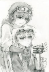 Rule 34 | 2girls, bad id, bad pixiv id, blush, camera, glass, goggles, goggles on head, greyscale, hanna-justina marseille, highres, japanese clothes, katou keiko, kisetsu, long hair, military, military uniform, monochrome, multiple girls, open mouth, scarf, sketch, smile, strike witches, traditional media, uniform, witches of africa, world witches series