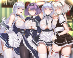 Rule 34 | 4girls, anchor choker, apron, arm guards, arms behind head, arms up, azur lane, bare shoulders, belfast (azur lane), black dress, black gloves, black hairband, black legwear, blue dress, blue eyes, blunt bangs, blush, braid, breast press, breasts, broken, broken chain, brooch, center frills, chain, choker, cleavage, closed mouth, clothes lift, clothing cutout, collar, collarbone, deras, dido (azur lane), dress, dress lift, earrings, elbow gloves, french braid, frilled choker, frilled gloves, frills, gloucester (azur lane), gloves, hair between eyes, hairband, indoors, jewelry, lace-trimmed hairband, lace trim, large breasts, lifting own clothes, long hair, long sleeves, looking at viewer, maid, maid headdress, multiple girls, open mouth, pantyhose, parted lips, puffy short sleeves, puffy sleeves, purple eyes, purple hair, red eyes, short hair, short sleeves, side braid, sirius (azur lane), sleeveless, sleeveless dress, smile, swept bangs, thighband pantyhose, thighhighs, thighs, underboob, underboob cutout, waist apron, white apron, white gloves, white hair, white legwear, yellow eyes