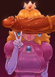 Rule 34 | 1girl, artist name, blonde hair, blue gemstone, breasts, brooch, confiserie, crown, dress, earrings, elbow gloves, erection, gem, gloves, hand up, highres, huge penis, jewelry, large breasts, lips, long hair, mario (series), nintendo, parted lips, penis, penis on face, penis over eyes, pink dress, pink lips, princess, princess peach, puffy short sleeves, puffy sleeves, short sleeves, simple background, solo focus, spiked penis, super mario bros. 1, thick lips, upper body, v, veins, veiny penis, white gloves