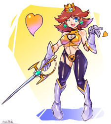 Rule 34 | 1girl, blowing kiss, blue eyes, breasts, brown hair, cleavage, cleavage cutout, clothing cutout, cosplay, crown, cutie honey, earrings, flower earrings, full body, gloves, heart, heart cutout, highres, holding, holding sword, holding weapon, jewelry, looking at viewer, mario (series), medium hair, midriff, navel, nintendo, one eye closed, oomasa teikoku, open mouth, princess daisy, smile, solo, standing, super mario land, sword, weapon, white gloves, wink