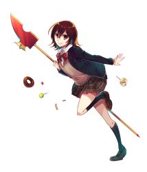 Rule 34 | black jacket, black socks, bow, bowtie, brown eyes, brown footwear, brown hair, brown skirt, candy, doughnut, dress shirt, food, from side, full body, grey vest, hair between eyes, highres, holding, holding weapon, jacket, kneehighs, leaning forward, leg up, loafers, lollipop, miniskirt, namiey, original, pleated skirt, polearm, red bow, school uniform, shirt, shoes, short hair, skirt, smile, socks, solo, striped, striped bow, transparent background, vest, weapon, white shirt